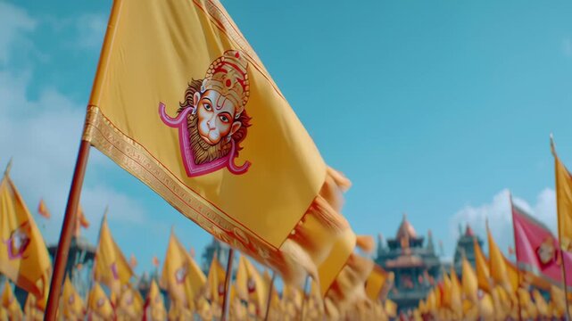 Colorful Hanuman Jayanti Festival Flags with Lord Hanuman Portraits and Traditional Decorations in a Sacred Temple Setting