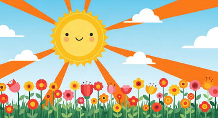 Smiling sun shines brightly in a vibrant flower field with colorful blooms under a clear blue sky with fluffy white clouds