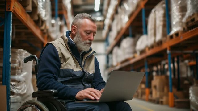 Warehouse worker using a laptop while seated in a wheelchair in a warehouse.