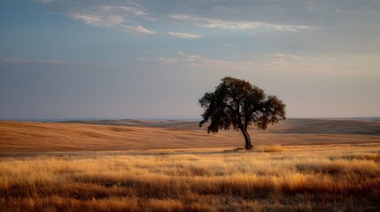 Solitary Tree in Golden Field Under Expansive Sky at Sunset.