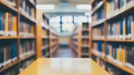 Blurred interior of a college library showing shelves and a table for study and reading