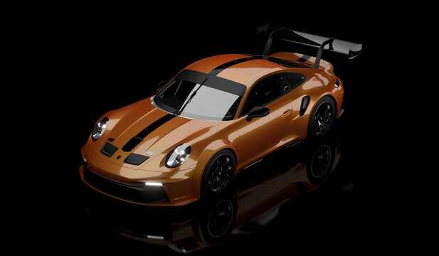 3D rendering of the fast Porsche 911 GT3 supercar. Isolated on the darck background