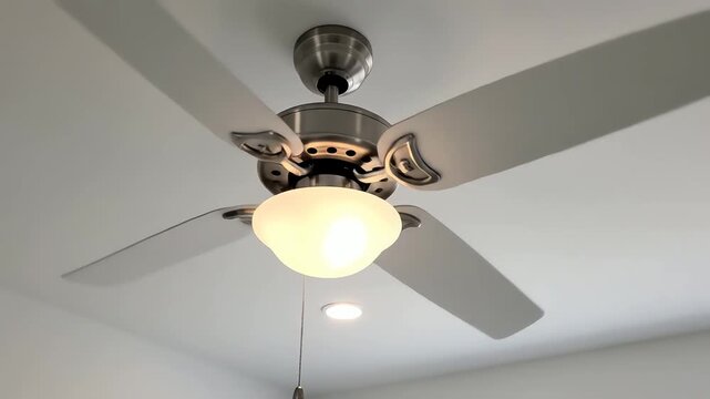 Spinning ceiling fan with light fixture in a white room. 4k resolution video 30fps.