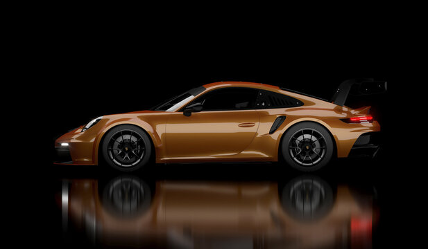 3D rendering of the fast Porsche 911 GT3 supercar. Isolated on the darck background