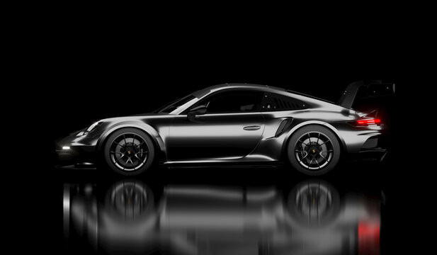 3D rendering of the fast Porsche 911 GT3 supercar. Isolated on the darck background