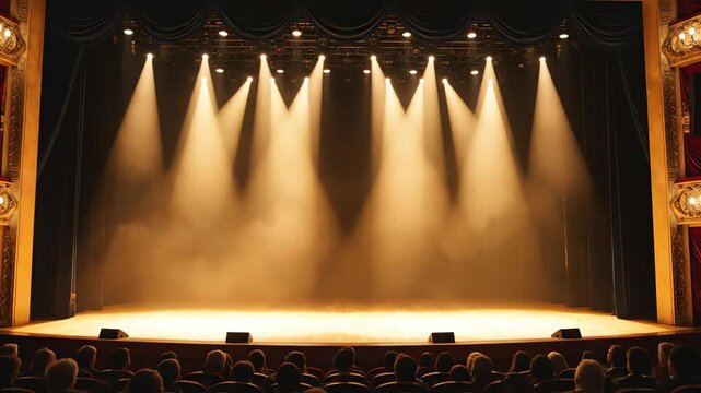 Stage Curtain Reveal Blue velvet stage curtains dramatically pull back. 4k resolution video 30fps.