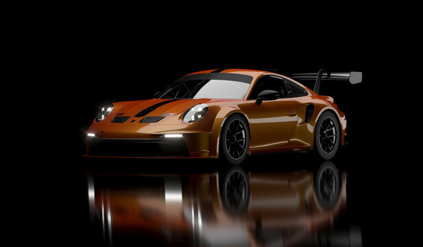 3D rendering of the fast Porsche 911 GT3 supercar. Isolated on the darck background