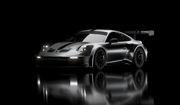 3D rendering of the fast Porsche 911 GT3 supercar. Isolated on the darck background