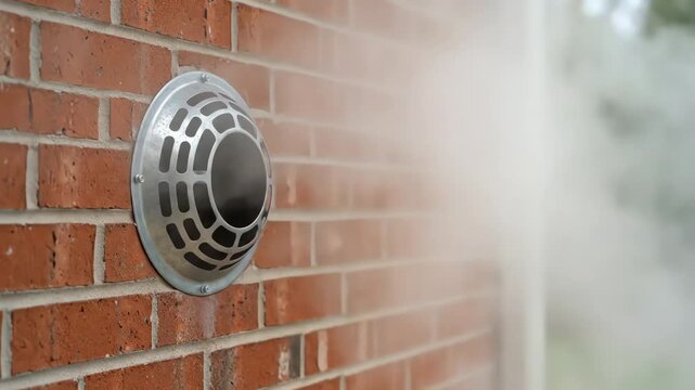Steam from damp clothes billows out of the dryers vent dispersing into the air. 4k resolution video 30fps.
