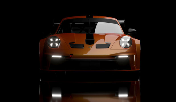 3D rendering of the fast Porsche 911 GT3 supercar. Isolated on the darck background