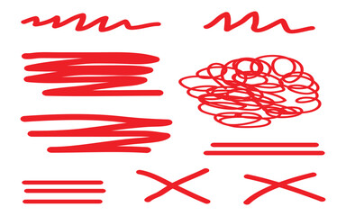 Red hand drawn scribbles and lines on white background