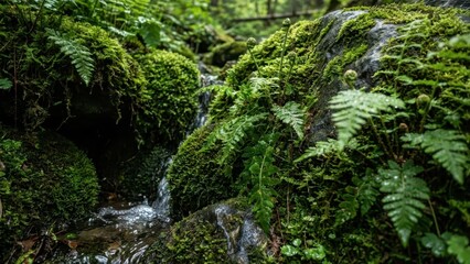 Obraz premium Lush green moss and ferns clinging to rocks alongside a gentle forest stream