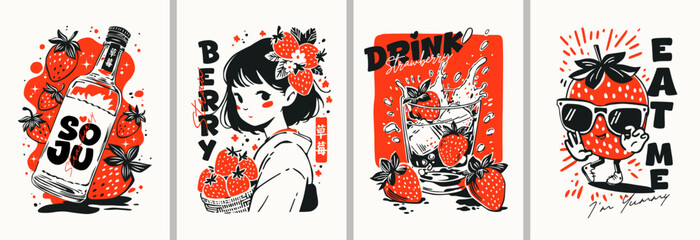Fototapeta premium Designer posters in vintage style. Retro pop art featuring an Asian girl with strawberries, soju, strawberries, milk, cocktail. The hieroglyphs stand for 
