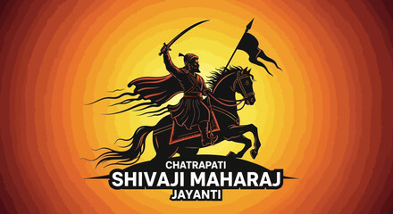 Illustration of Chhatrapati Shivaji Maharaj on horseback with sword, celebrating Shiv Jayanti and Hindavī Svarājya in a vibrant, nationalistic Indian design with warm, golden tones.