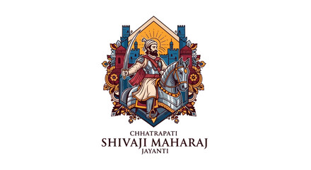 Illustration of Chhatrapati Shivaji Maharaj on a horse, surrounded by ornate designs, celebrating Shiv Jayanti and Hindavī Svarājya with a nationalistic theme.