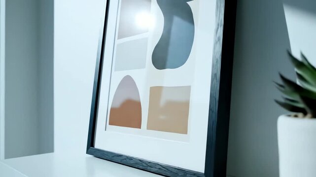 Video mockup of black canvas or picture frame for small poster in shelf in white minimalistic interior. With cold day light. 4k resolution video 30fps.