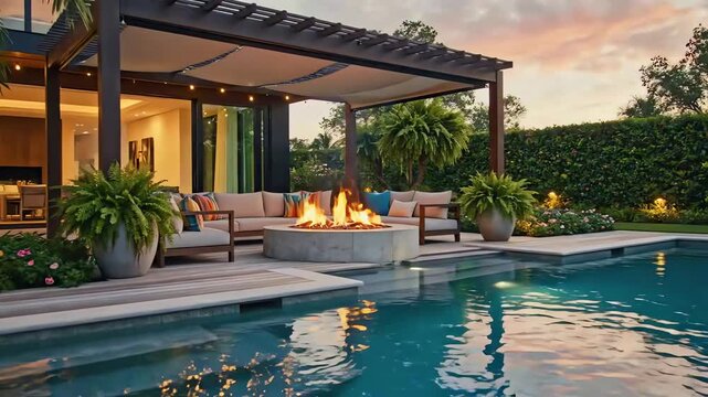 Video footage of modern backyard features a pergola covered seating area with a fire pit, surrounded by lush greenery and a pool, creating a cozy and inviting outdoor living space. 4k resolution.