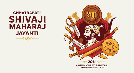 Illustration of Chhatrapati Shivaji Maharaj Jayanti celebration with iconic warrior portrait and traditional Indian design elements on a beige background.