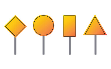 Set of four orange road signs on gray posts for construction or warning