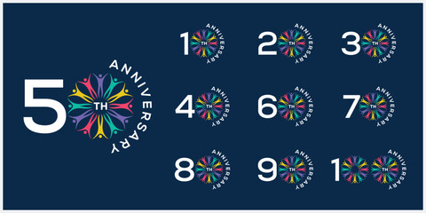 Collection of anniversary 10 to 100 logo design template. Celebration days creative special symbol vector icon, community symbol concept