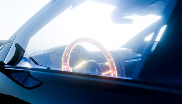 Futuristic autonomous car interior illuminated with digital steering wheel