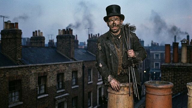 Victorian era chimney sweep on London rooftops, soot covered working man with top hat and brushes, gritty industrial mood, heritage history for Labor Day