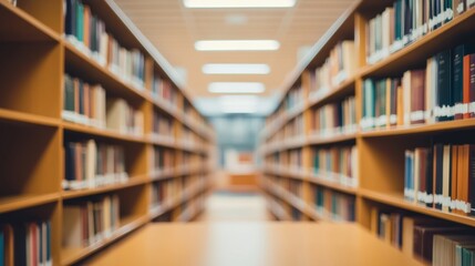 Blurred interior of an empty college library space with shelves filled with books at a distance