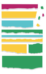 Vibrant colorful torn paper strips in pink, yellow, green, blue on white background