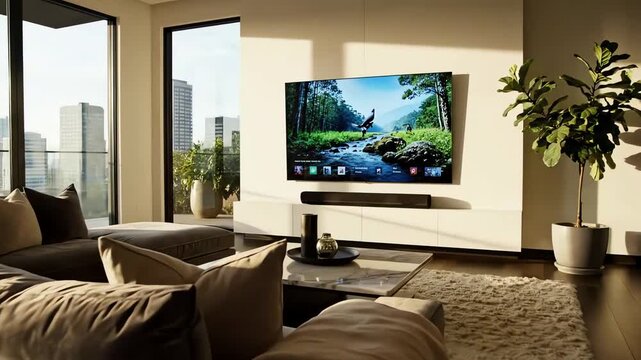 A large sectional sofa sits in the center of the room, facing a large flat screen TV mounted on the wall. 4k resolution video 30fps.