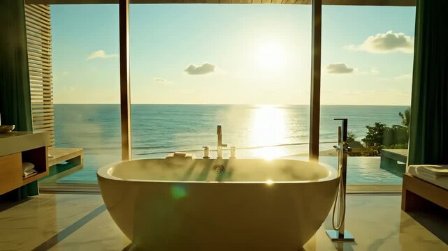 A modern bathroom with ocean views, featuring a soaking tub and large glass windows. 4k resolution video 30fps.