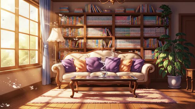 animated stream overlay, virtual visual novel backgrounds, loop, interior of a cozy elegant living room at sunrise. vtuber asset. twitch zoom OBS game screen. Chill anime lo fi hip hop. Relaxing warm.