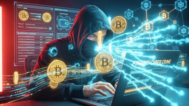 Man in black hoodie and mask typing on laptop with bitcoin cryptocurrency graphic overlay for financial cyber crime concept