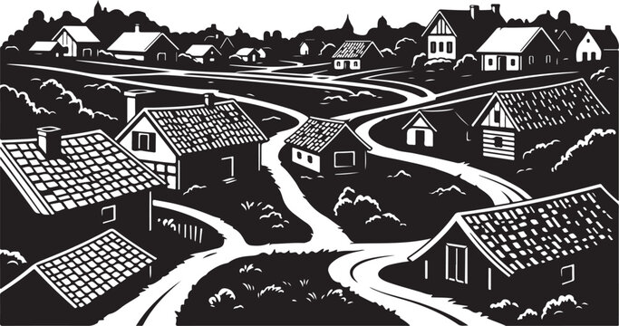 Black and white illustration of a rural village landscape
