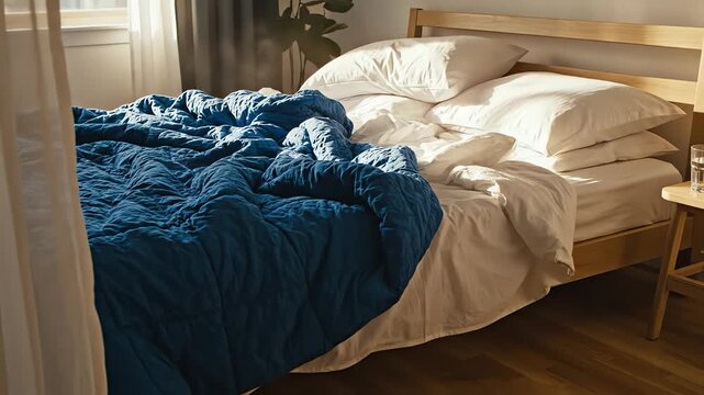 Bed with a blue comforter and white sheets. The bed is unmade and the sheets are spread out. 4k resolution video 30fps.
