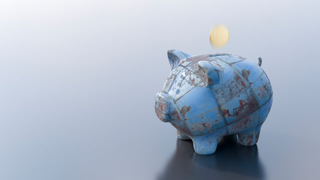 Blue metal piggy bank with coin in 3d rendering on gray background