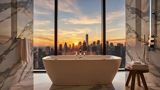 Cinematic modern luxury bathroom interior with marble walls and a freestanding bathtub overlooking a city skyline at sunset, ideal for real estate and architectural visualization backgrounds.