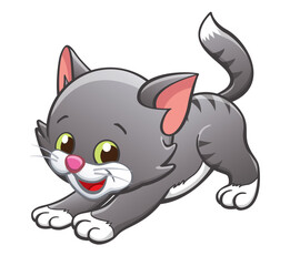 Cute smiling gray striped cartoon kitten cat character stretching vector isolated on transparent background