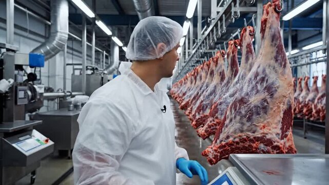 Meat processing worker inspecting a large quantity of hanging beef carcasses inside a meat factory production line