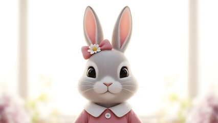 Obraz premium Cute Gray Rabbit Toy with Pink Dress.