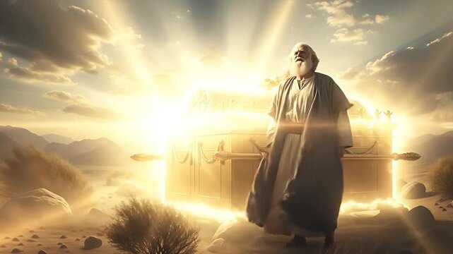 Moses Standing Beside Ark of the Covenant in Desert