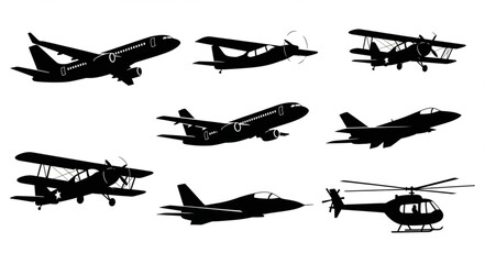 Collection of Silhouetted Aircraft and Helicopter Flying. © intan yn