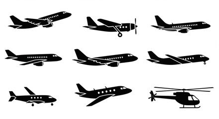 Collection of Silhouetted Aircraft and Helicopter Icons. © intan yn