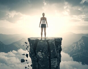 Frau auf Felsvorsprung &uuml;ber Abgrund in gro&szlig;er H&ouml;he (Allegorie auf das Sprichwort "Hochmut kommt vor dem Fall.")