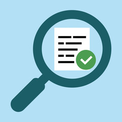 Magnifying glass checking document with green check mark symbol icon