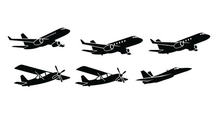 Collection of Silhouetted Aircraft in Flight on White Background. © intan yn