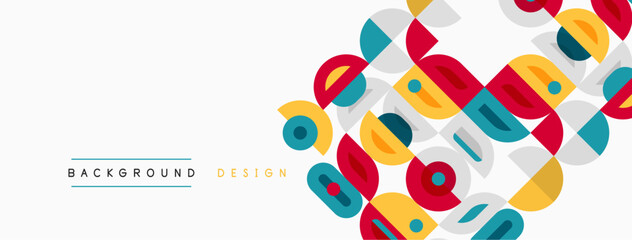 Fototapeta premium Abstract geometric shapes overlap, creating vibrant background design. Colors include yellow, red, blue, beige. Modern aesthetic.