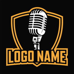 Vintage microphone logo design with shield and text on black background  music symbol icon © designernur