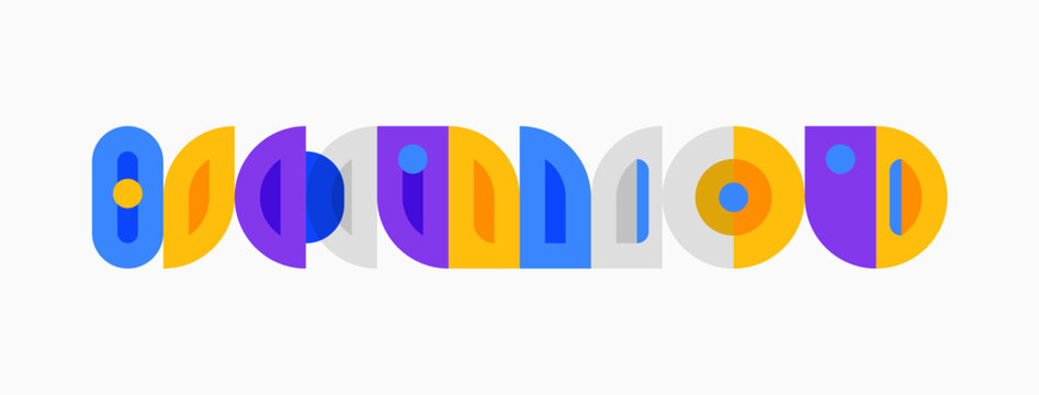 Colorful abstract shapes form word google. Letters vary in design, using circles, rectangles, ovals. Minimalist style, bright palette.