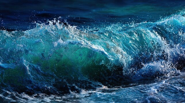 A powerful ocean wave crashes, capturing vivid blue and green hues with white foam against a deep, dark sea background.