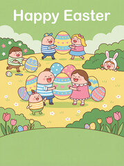 Obraz premium Cute cartoon children celebrating Easter. Happy kids carrying large decorated eggs and painting in a spring garden with bunny costume.